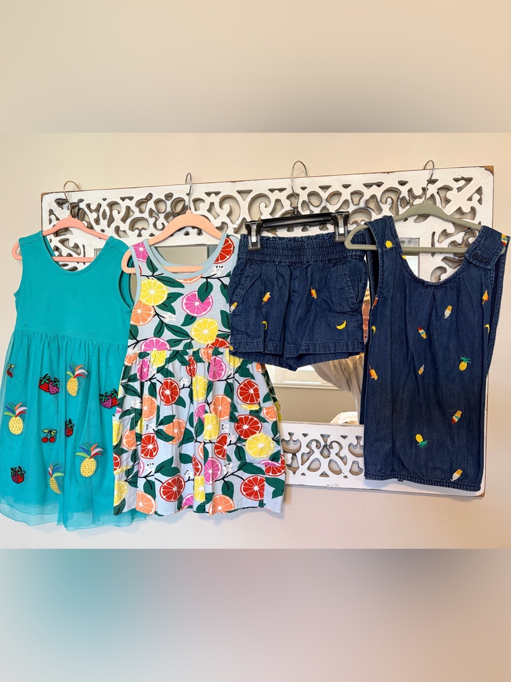 HA Bundle: Girls Summer Fruit Dress & Denim Set - Teal, White, Dark Blue